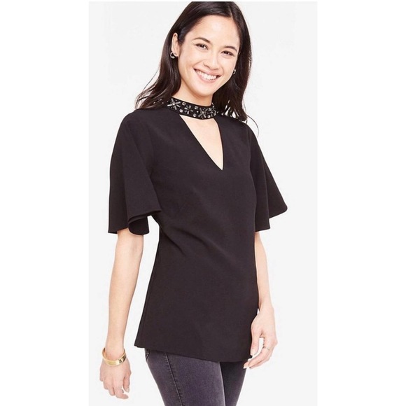 Ann Taylor Beaded Choker Neck Flutter Sleeve Top 8 - Picture 1 of 9